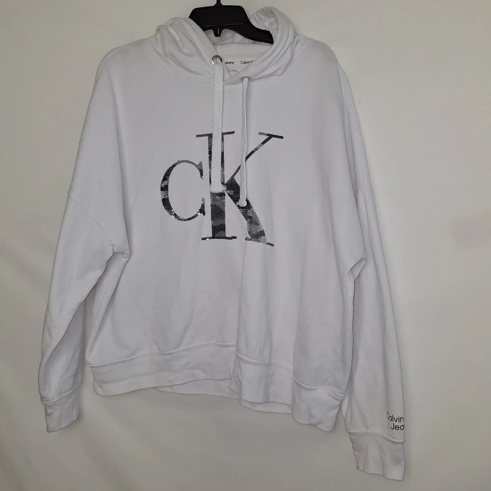Calvin Klein Jeans Womens 2X White Sequin Logo Hoodie Pullover Sweatshirt